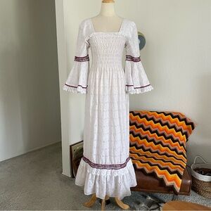 Vintage Handmade Cottagecore Boho Eyelet Smocked Floral Dress